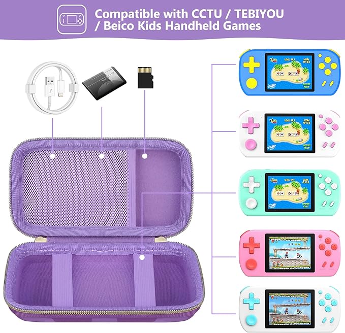 Supmay Carrying Case Compatible with CCTU / TEBIYOU Kids Handheld Games Preloaded 218 Retro Video Games, Portable Gaming Electronic Toys Storage Holder Travel Bag with Mesh Pocket, Purple(Cube)