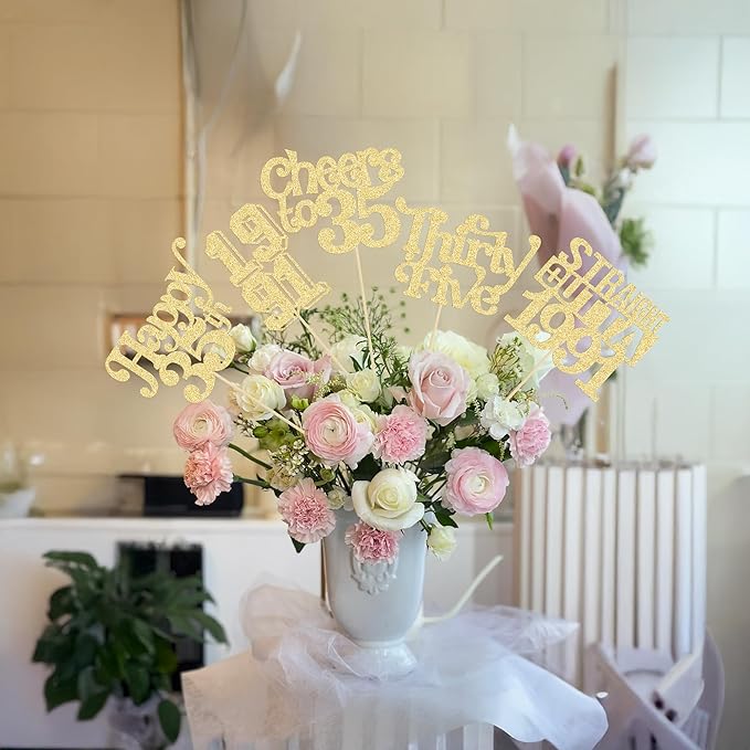 Gyufise 15Pcs Happy 35th Birthday Centerpiece Sticks Thirty Five Straight Outta 1991 Table Flower Centerpieces Sticks Cheers to 35 Decorations for 35th Birthday Party Supplies Gold