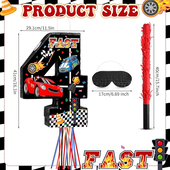 Race Car Piñata Pull String Cars Piñatas for Birthday Party Decorations Number 2 3 4 5 6 with Blindfold Stick Small Red Black Racing Theme 2nd 3rd 4th 5th 6th Party Supplies(Number 4)