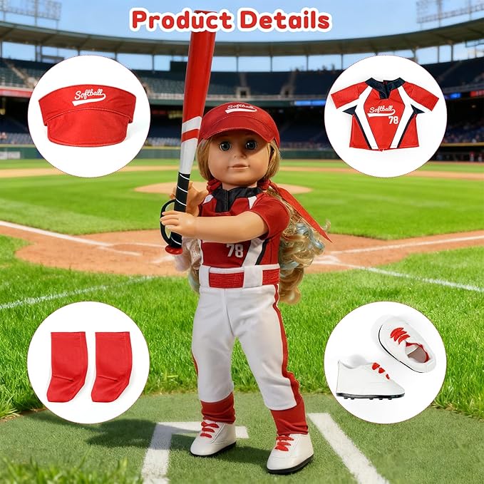 ARTST Softball Uniform Doll Outfit-18 inch Doll Clothes and Accessories Set-Hat Baseball Clothing Bat Shoes Socks, Valentine's Gifts for Girls&Boys Spring T-Ball