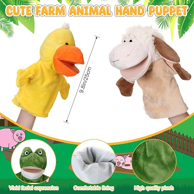 4 Pcs Hand Puppet Animal with Working Mouth 9.8 Inch Animal Puppet Soft Plush Toy for Storytelling Theater Preschool Birthday Gifts(Cow, Frog, Duck, Sheep)