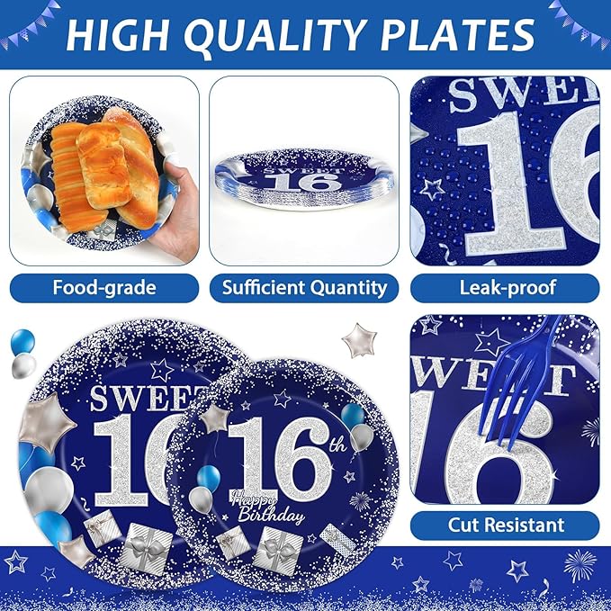 gisgfim 96Pcs 16th Birthday Plates and Napkins Party Supplies Sweet 16 Birthday Party Tableware Set Blue Silver 16th Birthday Decorations Favors for 16 Years Old Boys Girls for 24 Guests