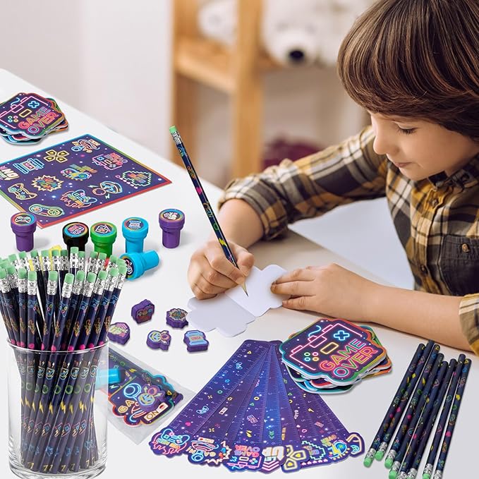 Cholemy 168 Pcs Video Game Party Favors Include Gaming Mini Notebook Gamer Birthday Sticker Pencil Stamper Ruler Eraser for Boy Teen Game Gifts Classroom Rewards Favor Party Supplies Decor (Cool)