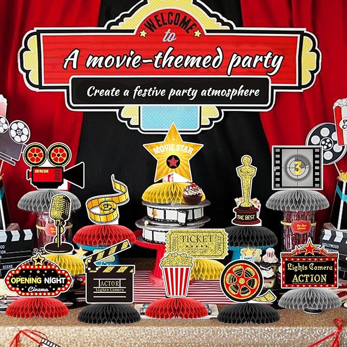 12 Pieces Movie Night Party Decorations Movie Birthday Honeycomb Centerpiece, Party Supplies Decor Microphone Ticket Table Decoration for Theater Birthday Women Men The Kids' Boys Girls