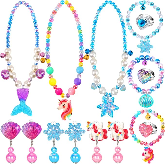 Jewelry Toys for Girls, Classic Unicorn Mermaid Frozen Themed Necklaces Bracelets Rings Earrings Set for Princess Dress Up Pretend Play, Toddler Costume Jewelry, Little Girls Christmas Birthday Gifts