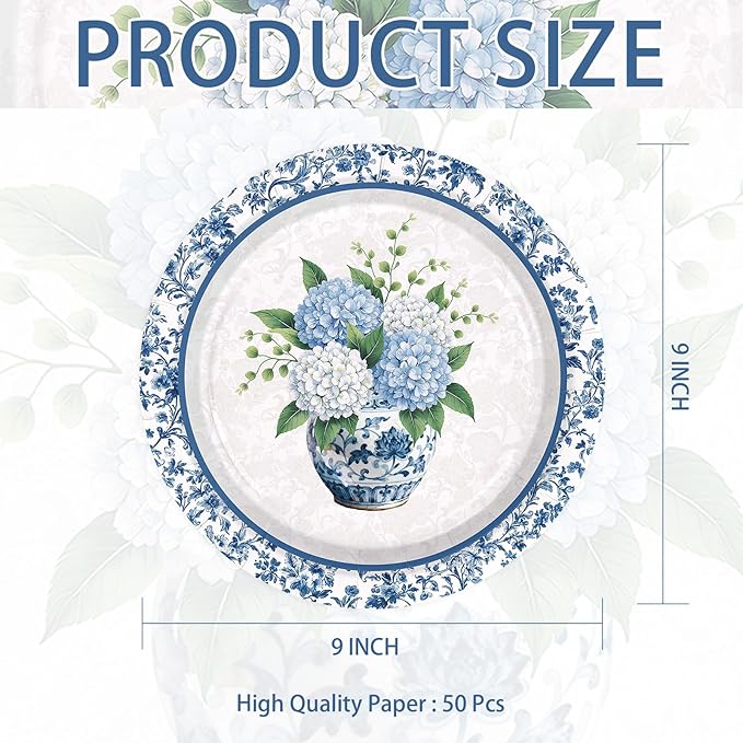 50Pcs Blue Hydrangea Paper Plates 9 Inch Disposable Blue White Chinoiserie Vintage Floral Dessert Plates Spring Tea Party Dinner Plate for Tea Wedding Baby Shower Birthday Bachelorette Decorations
