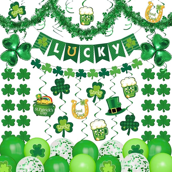 61Pcs St. Patrick's Day Decorations, Lucky Shamrock Banner Shamrocks Garland Saint Patrick Hanging Swirl Cutout 6.56FT St Patricks Day Garland Balloons for Irish Lucky Day Home Party Supplies