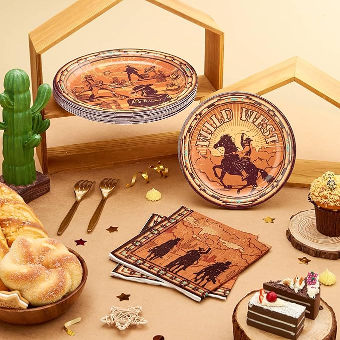 WERNNSAI Western Party Decorations - 64 PCS Cowboy Plates Napkins and Forks Wild West Birthday Supplies Western Paper Plates for Kids Boys First Rodeo Birthday Bachelorette Decor Serves 16 Guests