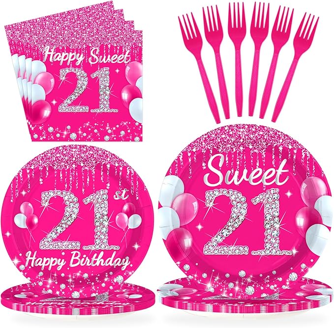 96Pcs 21st Birthday Party Supplies 350 GSM Hot Pink Sweet 21 Plates and Napkins Tableware Sets Happy 21st Birthday Decorations for Girls Women Finally Legal 21 Years Old Party Favors, Serves 24