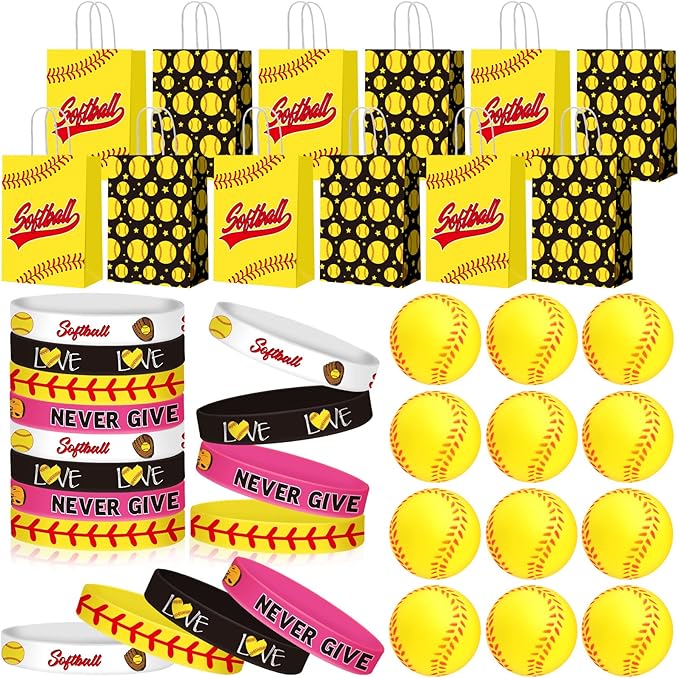 MTLEE Softball Party Favors Set Includes 12 Softball Paper Bags, 12 Silicone Bracelets, 12 Mini Foam Softball for Softball Birthday Party Supplies