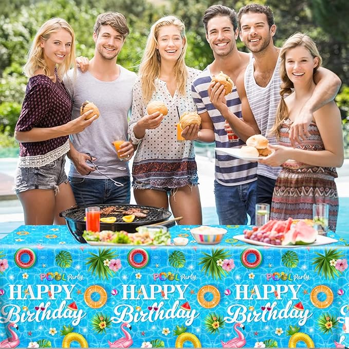 3Pieces Pool Party Tablecloth - Summer Swimming Table Decoration Disposable Pool Birthday Table Cover for Hawaii Birthday Baby Shower Party Supplies