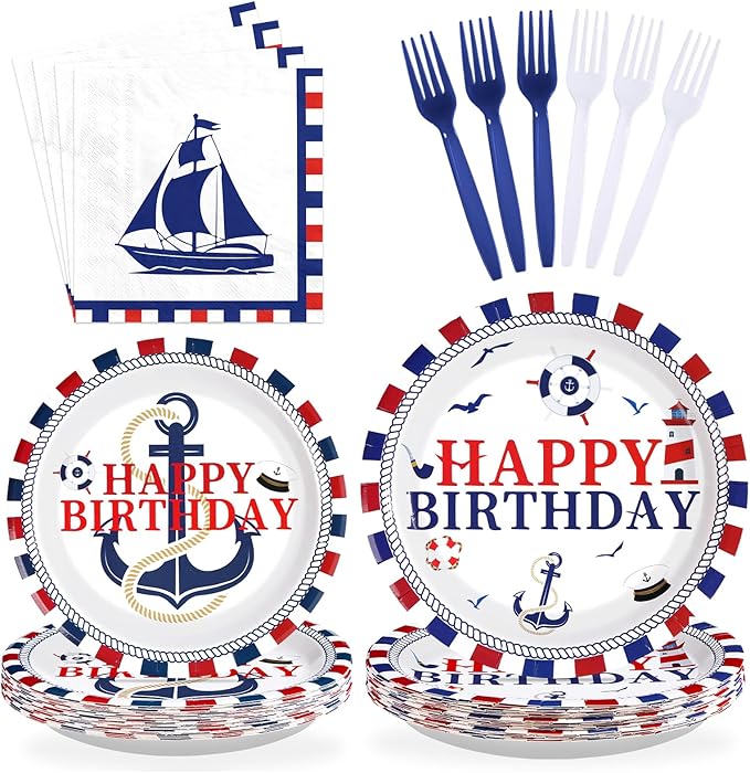 96 Pcs Nautical Party Supplies Sailing Party Decoration Plates and Napkins Red White and Blue Tableware Set for Boy Birthday Baby Shower Nautical Theme Celebrations Serves 24