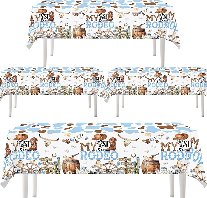 4ps My First Rodeo Birthday Party Supplies Tablecloth Western Cowboys 1st Rodeo Bday Plastic Table Covers My 1st Rodeo Boys Bday Baby Shower Party Supplies Decorations (Blue First Rodeo)