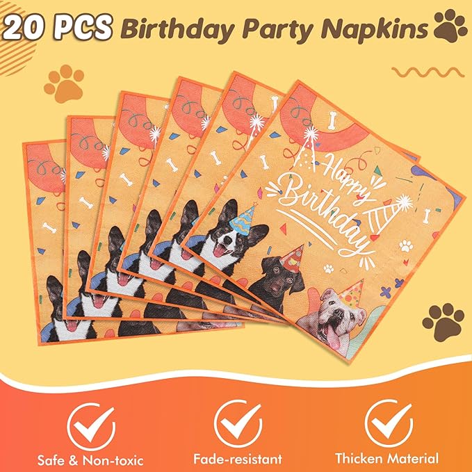 41pcs Dog Theme Tableware Set - Puppy Plates, Napkins, Tablecloth for Girls Birthday - Paw Print Party Favors Kit