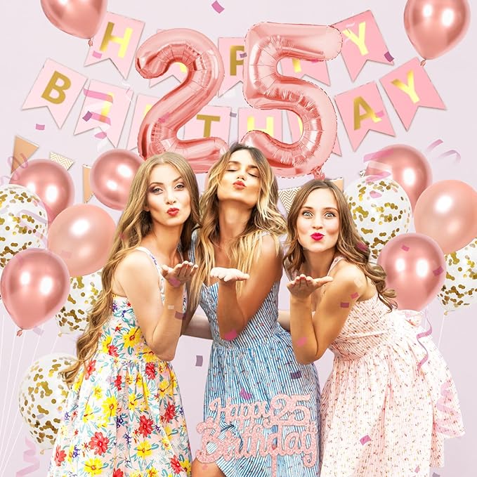 25th Happy Birthday Party Decorations, Rose Gold Birthday Decorations With Number 25 Balloons Gold Confetti Balloons Fringe Curtain Triangle Flag Banner Cake Topper For Girl Women Party Supplies