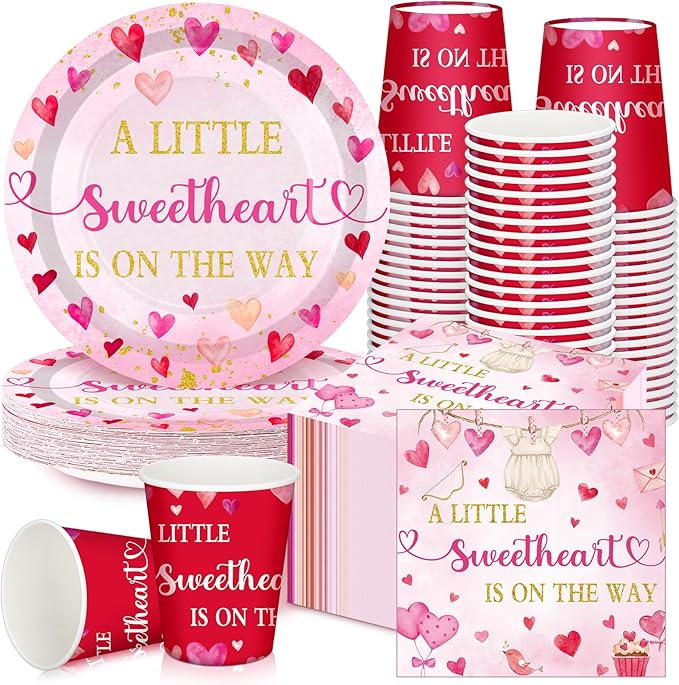 Hushee 200 Pcs Valentine's Day Little Sweetheart Baby Shower Paper Plates Cups Napkins Party Supplies Tableware Set Disposable Cup Napkin for 50 Guest Party Decoration