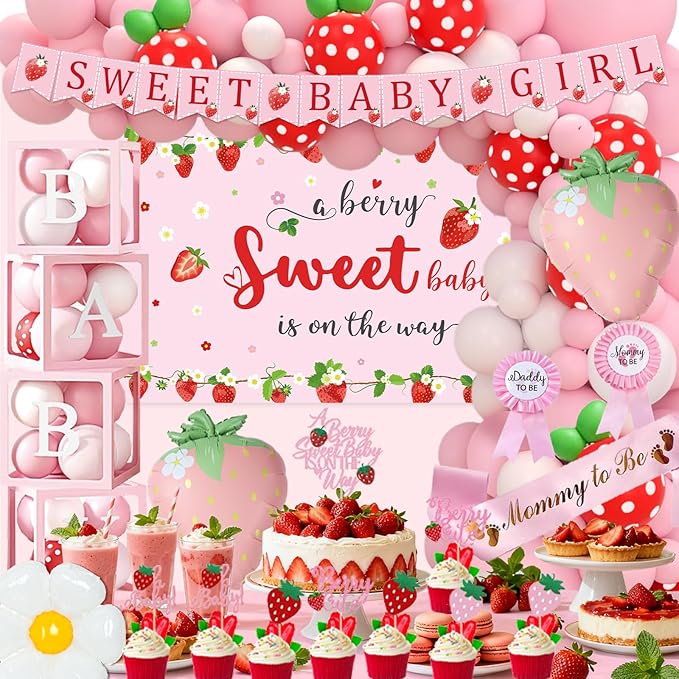 Strawberry Baby Shower Decorations, A Berry Sweet Baby Is On The Way Decorations for Girl, It's a Girl Gender Reveal, Red and Pink Backdrop Balloon Arch Box Tablecloth Cake Topper Party Decor 141pcs