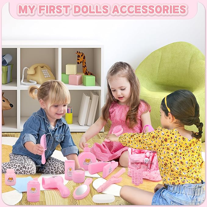 deAO 40 Piece Baby Doll Accessories Bag with Baby Feeding Accessories, Clothes, Doll Bear, Bath Toys, Soother Dummy and Much More - Great Nurturing Pretend Toy for Kids
