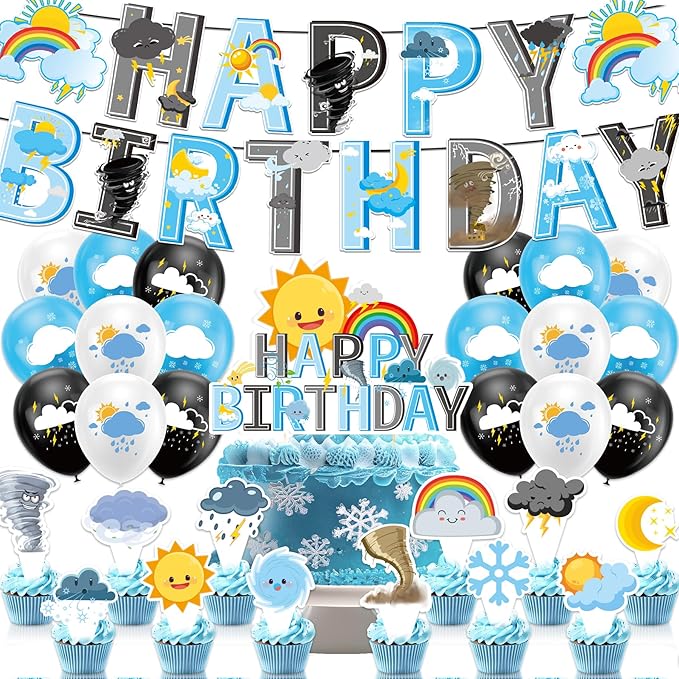 Weather Birthday Party Decorations Set, Weather Forecast Party Supplies Weather Banner Cake Topper Cupcake Toppers Balloons for Tornado Rainbow Clouds Sun Snow Moon Star Party Decorations