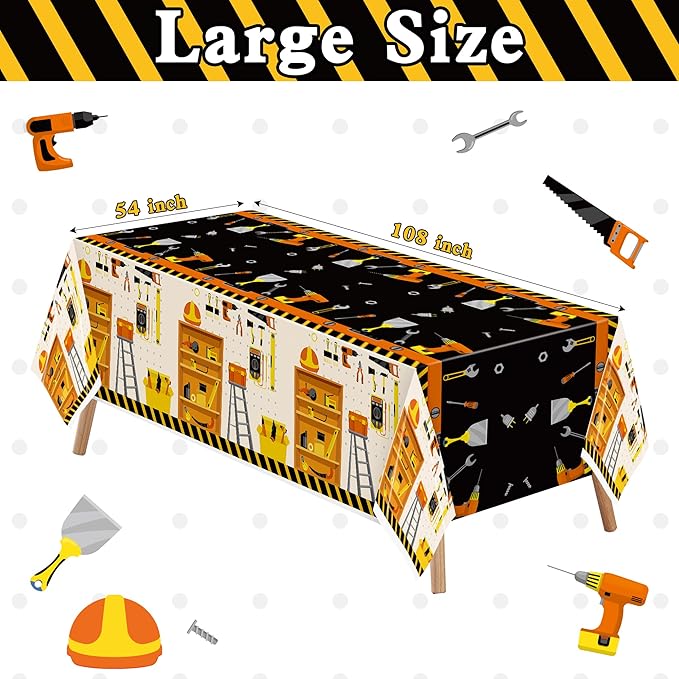 3 Packs Tool Theme Plastic Tablecloths Decoration Waterproof Rectangle Cute Tool TableCover Design with Hard Hat, Nuts, Bolts, Ladders, Spade Patterns for Kids Boys Birthday Party Supplies