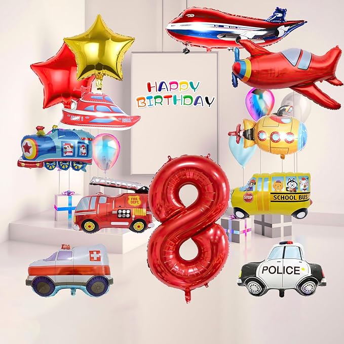 12pcs Transportation Balloons, Truck Plane School Bus Fire Truck Police Car Ship Ambulance Submarine Foil Balloon, Transportation 8th Birthday Vehicles Theme Party Supplies Decorations (8th)