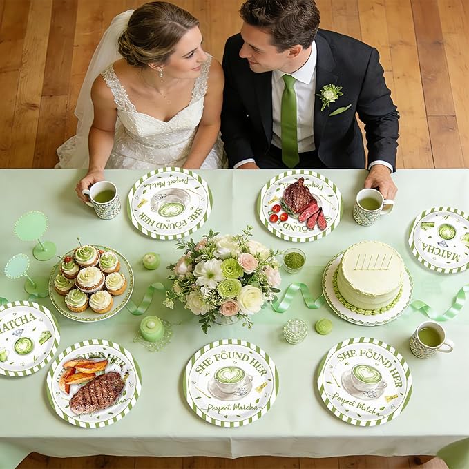 96Pcs Green Matcha Party Supplies She Found Her Perfect Matcha Plates and Napkins Green White Tableware Set for Bridal Shower Wedding Engagement Anniversary Party Decorations Serves 24