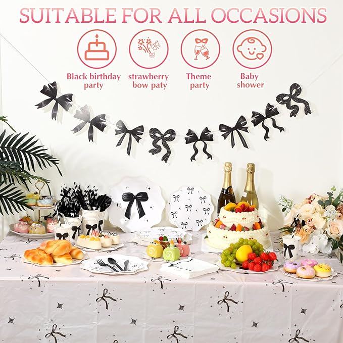 Sawysine 202 Pcs Black Bow Party Supplies Disposable Dinnerware Set 50 Plates 25 Cups 25 Napkins 25 Plastic Forks 25 Knives 25 Spoons 25 Straw Flag Tablecloth to Serve 25 Guests