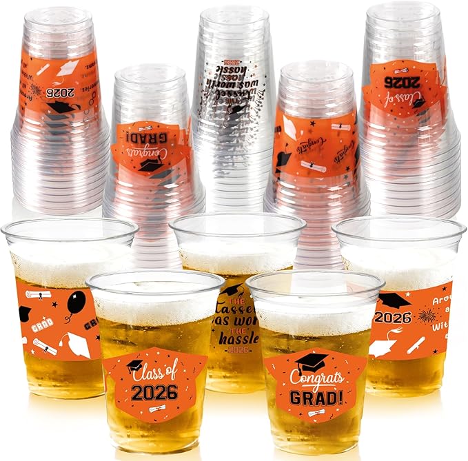 GuassLee Black and Orange Graduation Decorations Class of 2026, 50 Pack 12 oz Graduation Plastic Disposable Cups for Drinks 2026 School Grad Party Favors Supplies