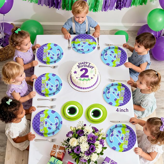 96Pcs Monster Birthday Party Supplies 2nd Monster Theme Party Plates and Napkins Disposable Green and Purple Cartoon Tableware Set for Kids 2nd Birthday Baby Shower Decorations Serves 24