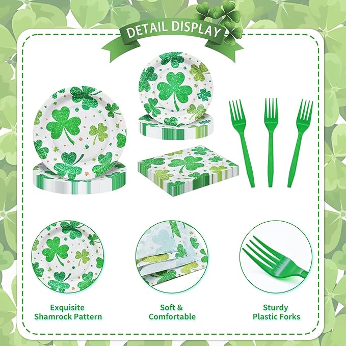 96 Pieces St. Patrick's Day Shamrock Tableware Party Supplies - Disposable Lucky Clover Design Dinnerware Set with Paper Plates, Napkins, and Forks for Irish Theme Party Celebrations - Serves 24