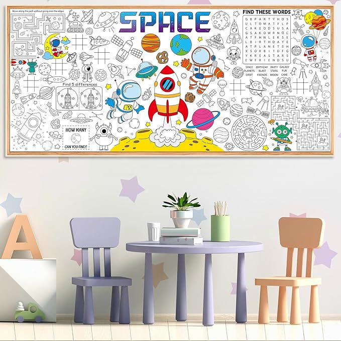 Naozinebi Outer Space Giant Coloring Poster Large Coloring Tablecloth Big Paper Sheet Page Solar System Table Cloth DIY Activity Game Art Crafts Mat Wall Home Party Decoration Supplies
