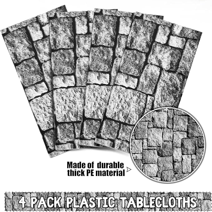Irenare Halloween Stone Wall Tablecloths, Medieval Castle Party Decorations Supplies Disposable Plastic Brick Stone Tablecloth Brick Wall Table Covers for Birthday Party Favors(4 Pack,108 x 54 Inch)