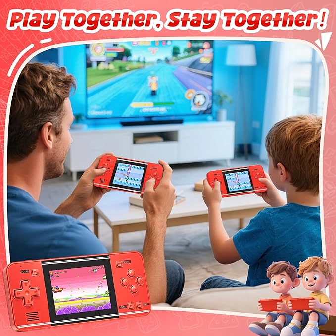 32-Bit Handheld Game Console for Kids & Adults with 135 Preloaded Retro Video Games, 3.0" Color Display, Rechargeable Battery - Portable Mini Travel Toy Gift for Boys and Girls (Red)