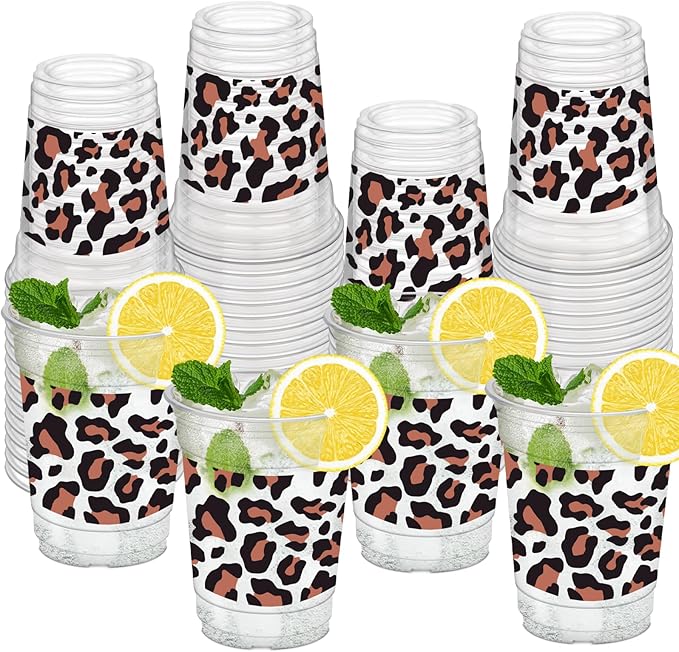 50Pcs Leopard Print Cups, 12 oz Clear Disposable Party Cups for Party Supplies Birthday Camping Barbecues Picnics Graduation Events