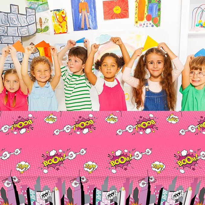 gisgfim 3 Pcs Super Girl Hero Party Tablecloth Pink Super Girl Hero Theme Party Supplies Decorations for Kids Girls Disposable Plastic Table Cover 105 x 54 inch