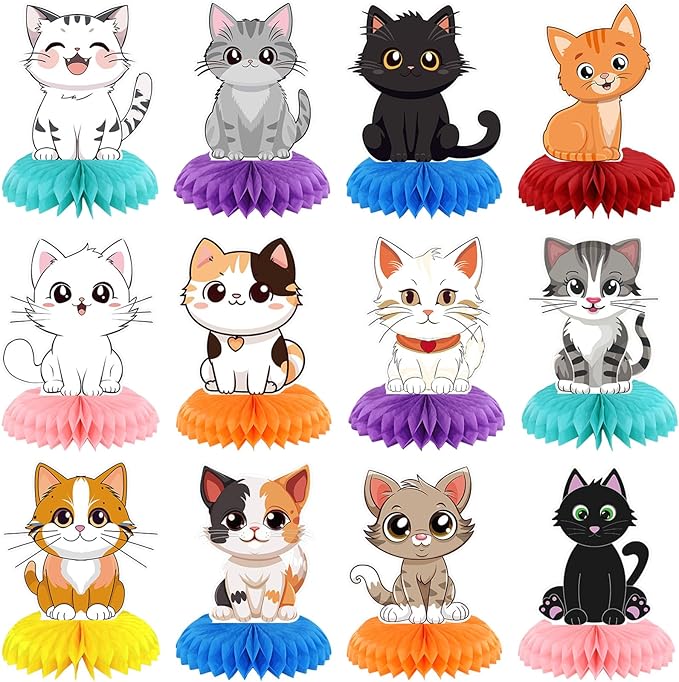 Pickmesh 12 Pcs Cat Birthday Party Decoration Honeycomb Centerpieces Kitten Table Centerpieces Cats Table Topper 3D Double Sided Kitten Decoration for Birthday Pet Theme Party Favors Supplies