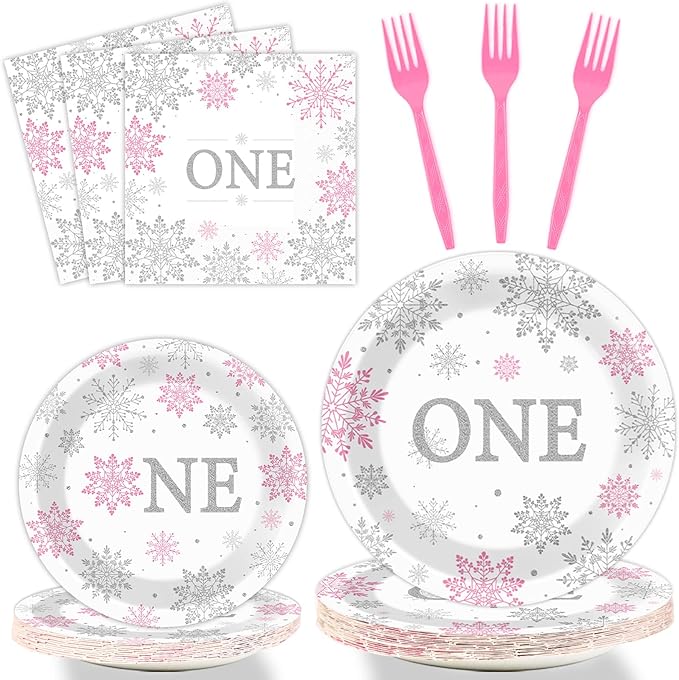 Winter Onederland 1st Birthday Themed Tableware - Snowflake One Plates, Napkins for Baby Girls First Birthday - Disposable Paper Party Decorations Supplies Favors for 24 Guests