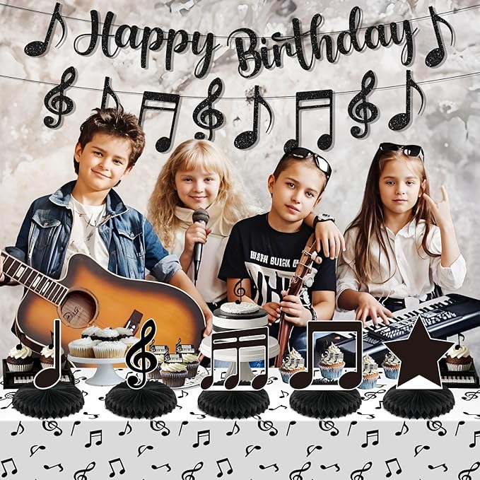 Music Party Decorations Black Musical Note Happy Birthday Bunting Banner Notes Tablecloth and 5Pcs Table Honeycomb Centerpieces Decor for Girls Kids Adults Music Themed Birthday Wedding Party Supplies