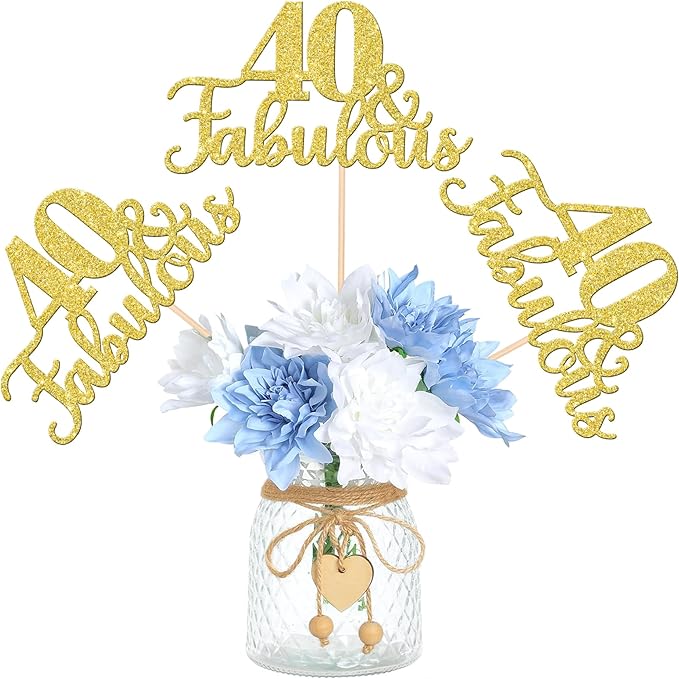 12 PCS 40 and Fabulous Centerpiece Sticks Double Sided Happy 40th Birthday Table Flower Centerpieces Sticks Cheers to 40 Floral Decorations for 40th Birthday Anniversary Party Supplies Gold