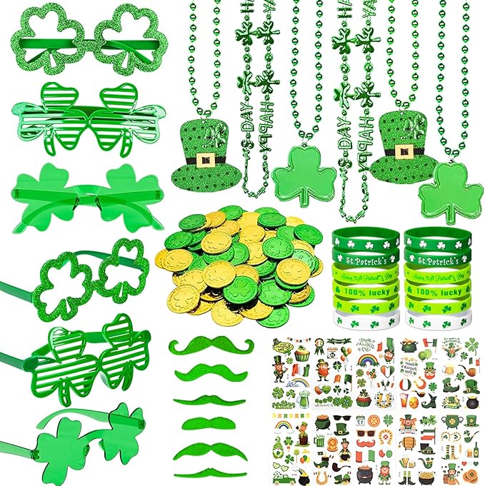 160PCS St. Patrick's Day Accessories Party Favor Set, Shamrock Party Supplies Set with Green Bead Necklaces, Clover Glasses, Mustache, Lucky Coins, Temporary Tattoos, Irish Festival Party Decorations