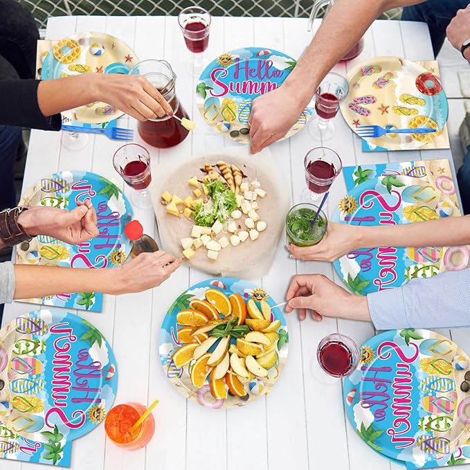 CHUNNIN 96Pcs Hello Summer Plates and Napkins Beach Party Decorations Hawaiian Tropical Disposable Paper Dessert Plates Tableware Set for 24 Guests Kids Summery Ocean Pool Birthday Party Supplies