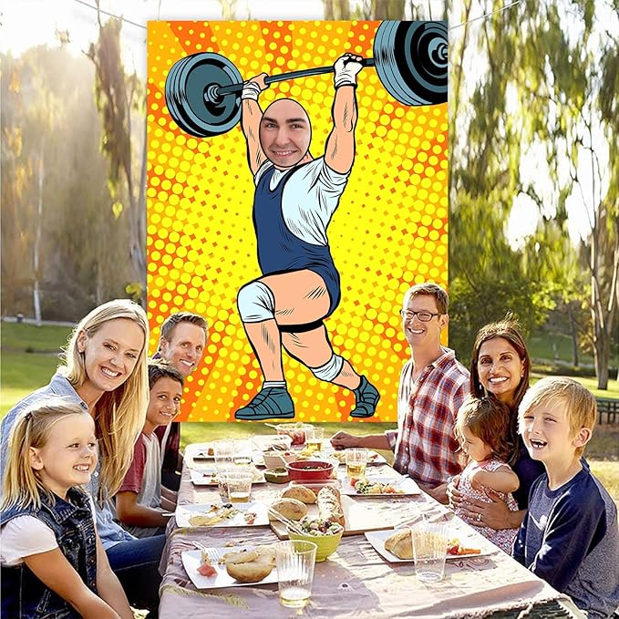 Weight Lifting Banner Pretend Play Party Backdrop Large Weightlifter Face Sports Workout Gym Fitness Theme Decor Decorations for Boys Men Home Gym Party Cross Fit Party Birthday Party Supplies Gift