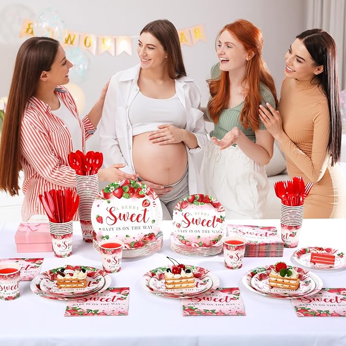 Dandat 350 Pcs Baby Shower Plates Set Baby Shower Party Supplies Serves 50 Tableware Sets Include Plates Napkin Cup Forks Knives Spoons Disposable Dinnerware(Strawberry,Red)
