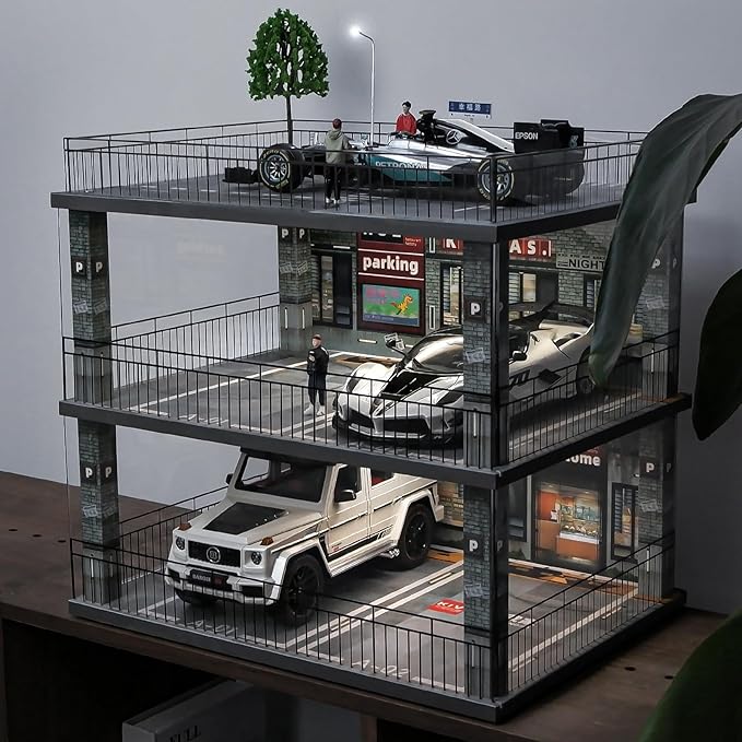 1:18 Scale Diecast Model Car Display Case Cabinet with USB Lights and Dust Cover,Diorama Garage Parking for Alloy Sport Cars and Lego Model Cars Collectibles
