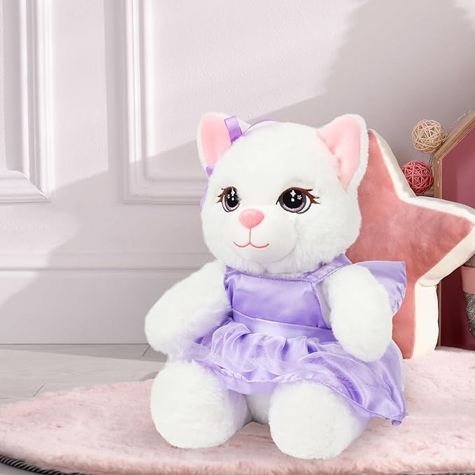 Cuteoy White Cat Stuffed Animal in Purple Dress Soft Plush Kitty Toy Cute Plushies for Girls Boys Birthday