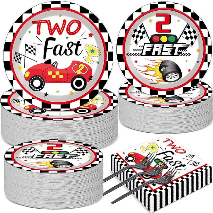 50 Guests Two Fast Birthday Plates and Napkins Party Supplies Racing Car Party Decorations Disposable Tableware Set Race Car Dinnerware Favors,200PCS