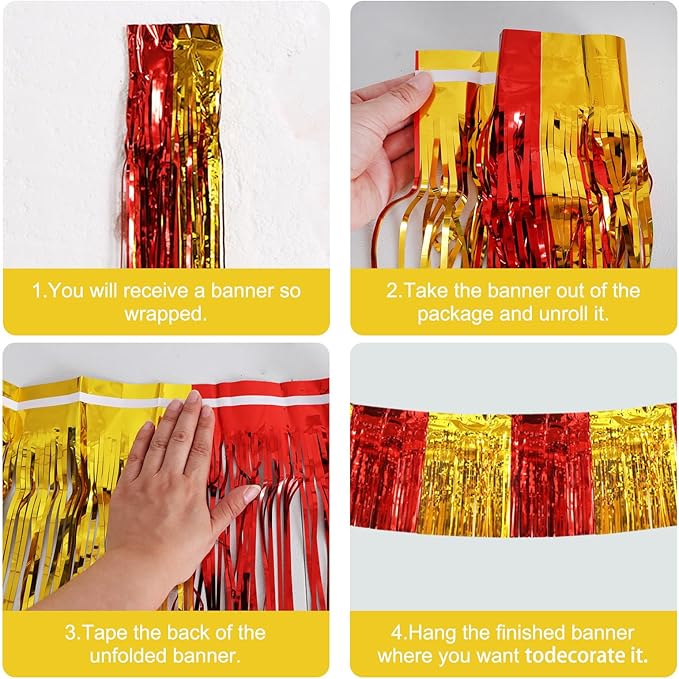 BEISHIDA 3 Packs Metallic Foil Fringe Garland Red Gold Wall Hanging Tinsel Fringe Banners for Car Floats Bridal Shower Wedding Birthday Easter Graduation Holiday Party Decoration(30 Feet)