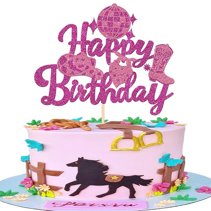 1 PCS Cowgirl Happy Birthday Cake Topper Glitter Western Cowgirl Birthday Cake Pick Hat Boot Disco Cowgirl Cake Decorations for Western Cowgirl Rodeo Theme Girls Birthday Party Supplies Rose Red