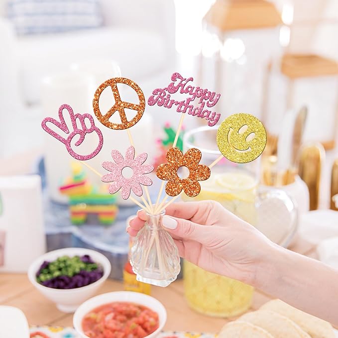 12 PCS Hippie Party Centerpiece Sticks 60s Retro Boho Dasiy Flower Sun Peace Sign Hand Table Flower Centerpieces Sticks for Hippie Theme Happy Birthday Party Centerpiece Decorations Supplies