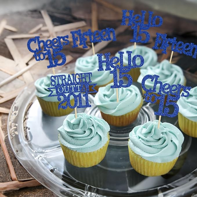 Ephlyn 24Pcs 15th Birthday Cupcake Toppers Glitter Straight Outta 2011 Cupcake Picks Hello 15 Cheers to 15 Years Cake Decorations for 15th Birthday Anniversary Party Decorations Supplies Blue